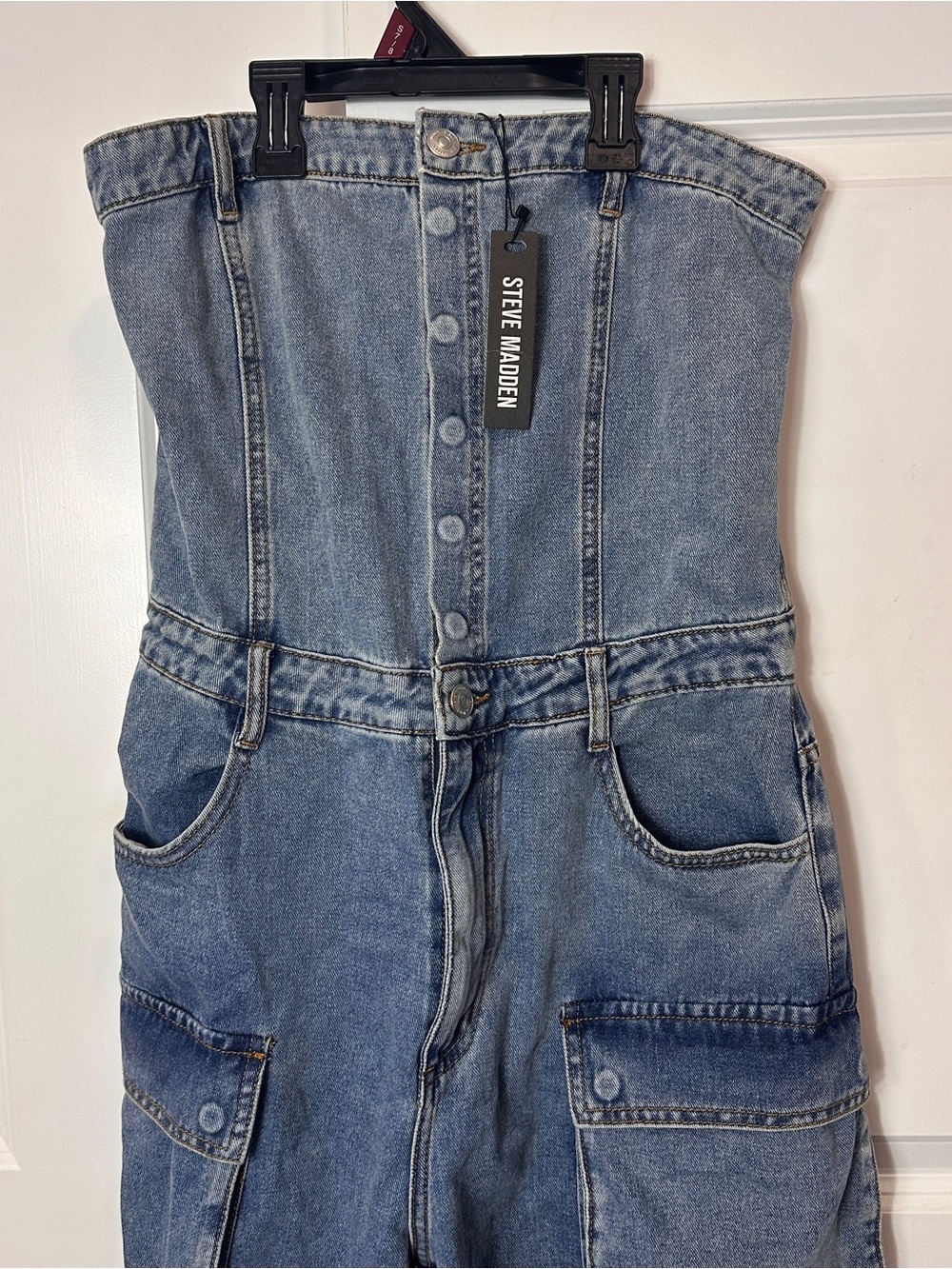 Steve Madden Duo Denim Zara Blue Denim Strapless Jumpsuit - Picture 3 of 14